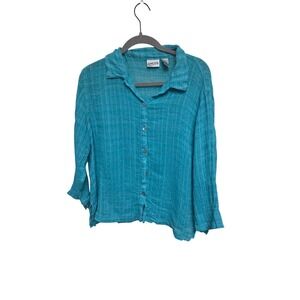 Chico's Linen Button Down Top Blouse‎ Teal Blue Size L 2 Womens